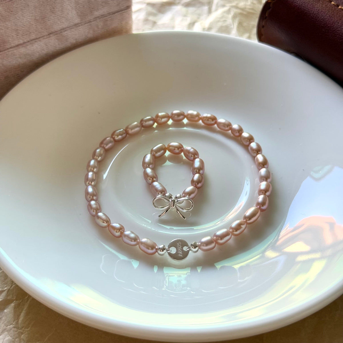 S925 Sterling Silver Pink Pearl Ring & Bracelet Set
