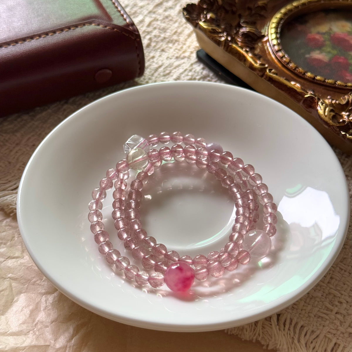 Triple-Layer Strawberry Quartz & Rose Quartz Beaded Bracelet