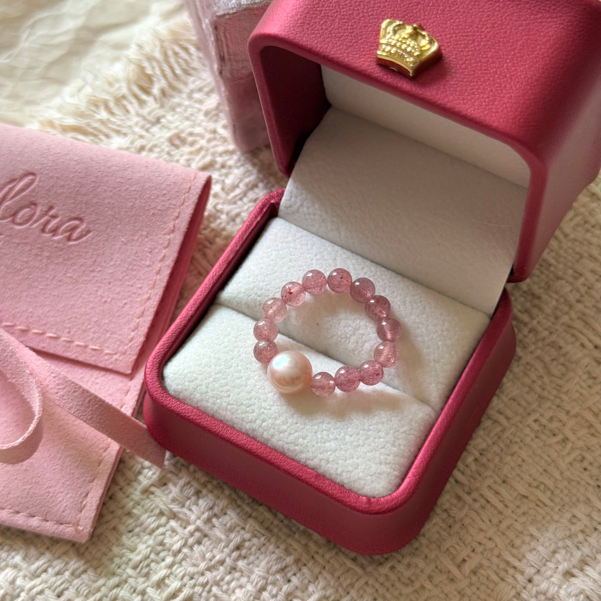 Peach Blush Strawberry Quartz & Freshwater Pearl Ring