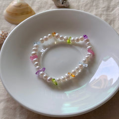 Candy-Colored Natural Stone Chip & Freshwater Pearl Bracelet