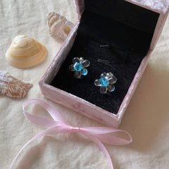 Blue Glass Flower Crystal Stud Earrings