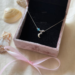 S925 Sterling Silver Aquamarine Moon Bead Necklace