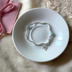 S925 Sterling Silver Openwork Floral Bamboo & Aquamarine Stretch Bracelet
