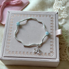 S925 Sterling Silver Openwork Floral Bamboo & Aquamarine Stretch Bracelet