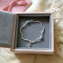 S925 Sterling Silver Openwork Floral Bamboo & Aquamarine Stretch Bracelet
