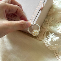 S925 Sterling Silver Popcorn Bead & Natural Pearl Stretch Ring