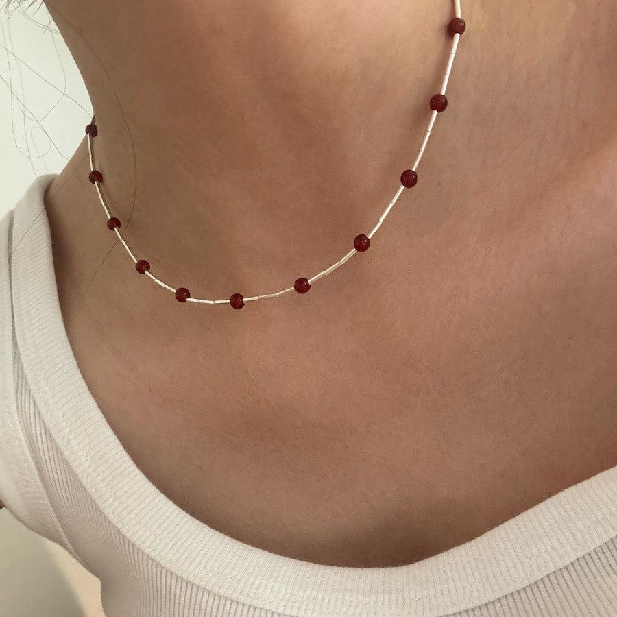 S925 Silver Red Agate and Tube Bead Necklace