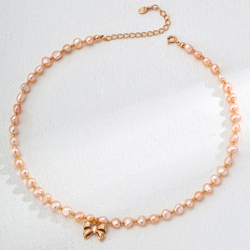 S925 Silver Rose Gold Natural Pearl Bow Necklace