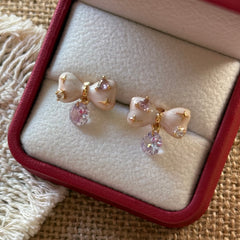 Pink Enamel Bow & Lavender Zircon Drop Stud Earrings