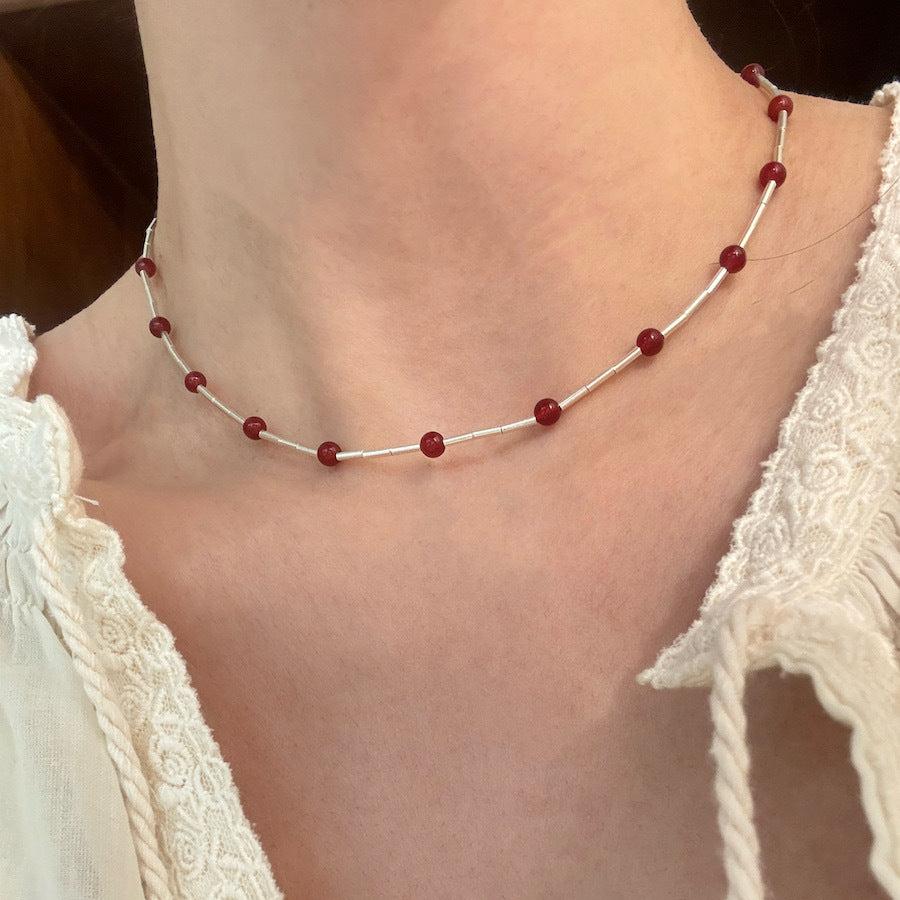 S925 Silver Red Agate and Tube Bead Necklace