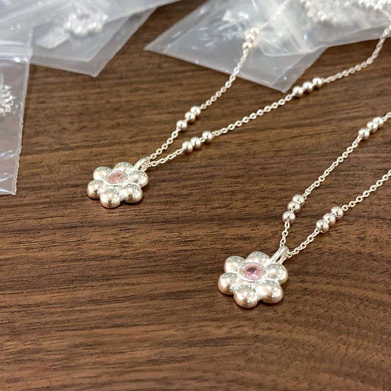 S925 Silver Sunflower with Pink Zircon Necklace