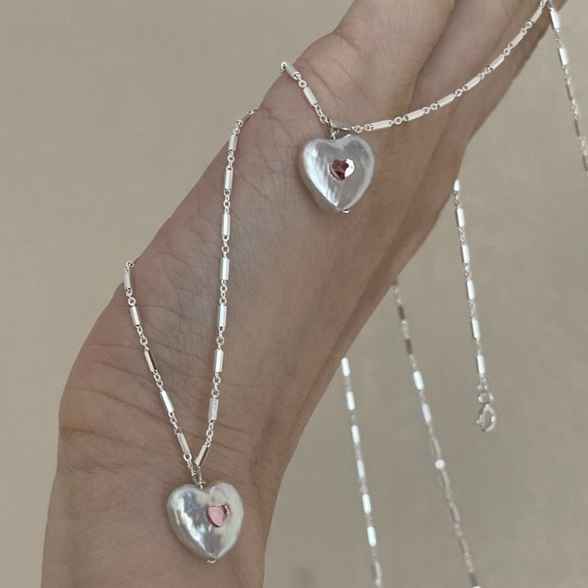 S925 Silver Baroque Pearl Heart Necklace