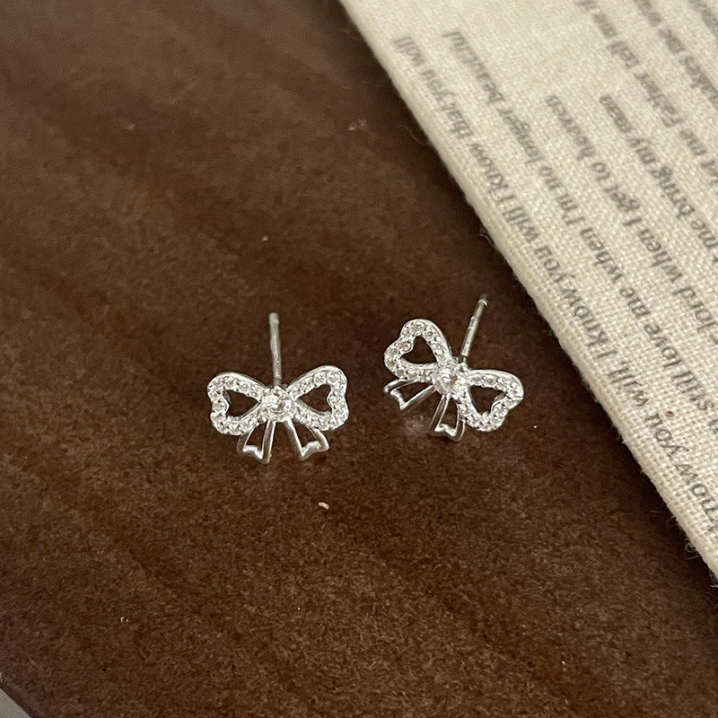 S925 Silver Minimalist Bow Stud Earrings with Sparkling Zircon