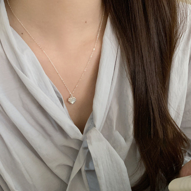 S925 Silver Heart Necklace with White Mother-of-Pearl Texture