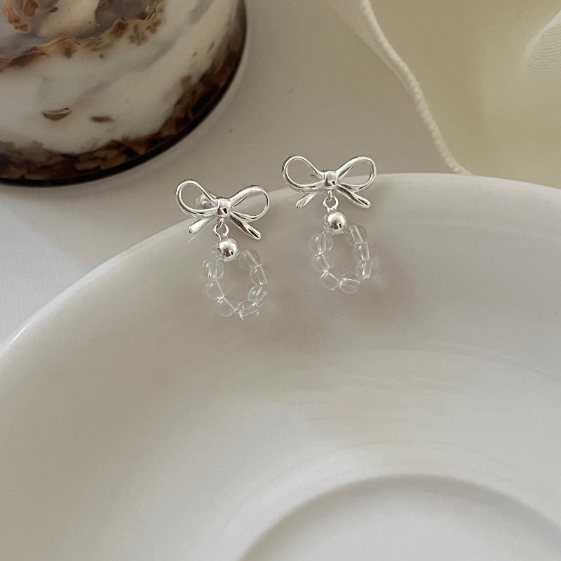 S925 Silver Bowknot White Crystal Earrings