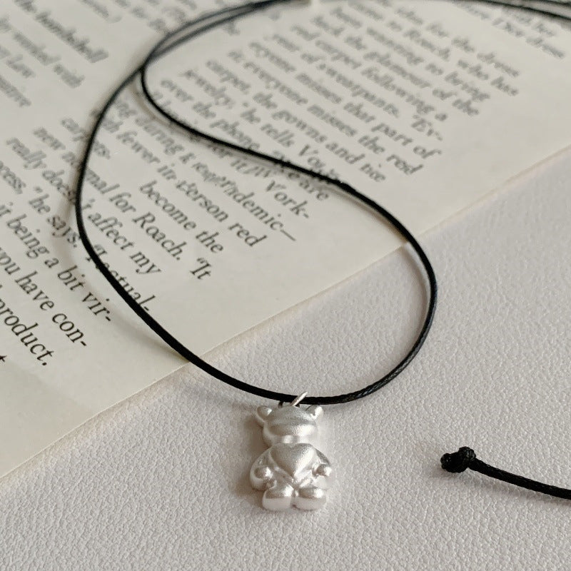 S925 Silver Matte Bear Pendant Leather Necklace