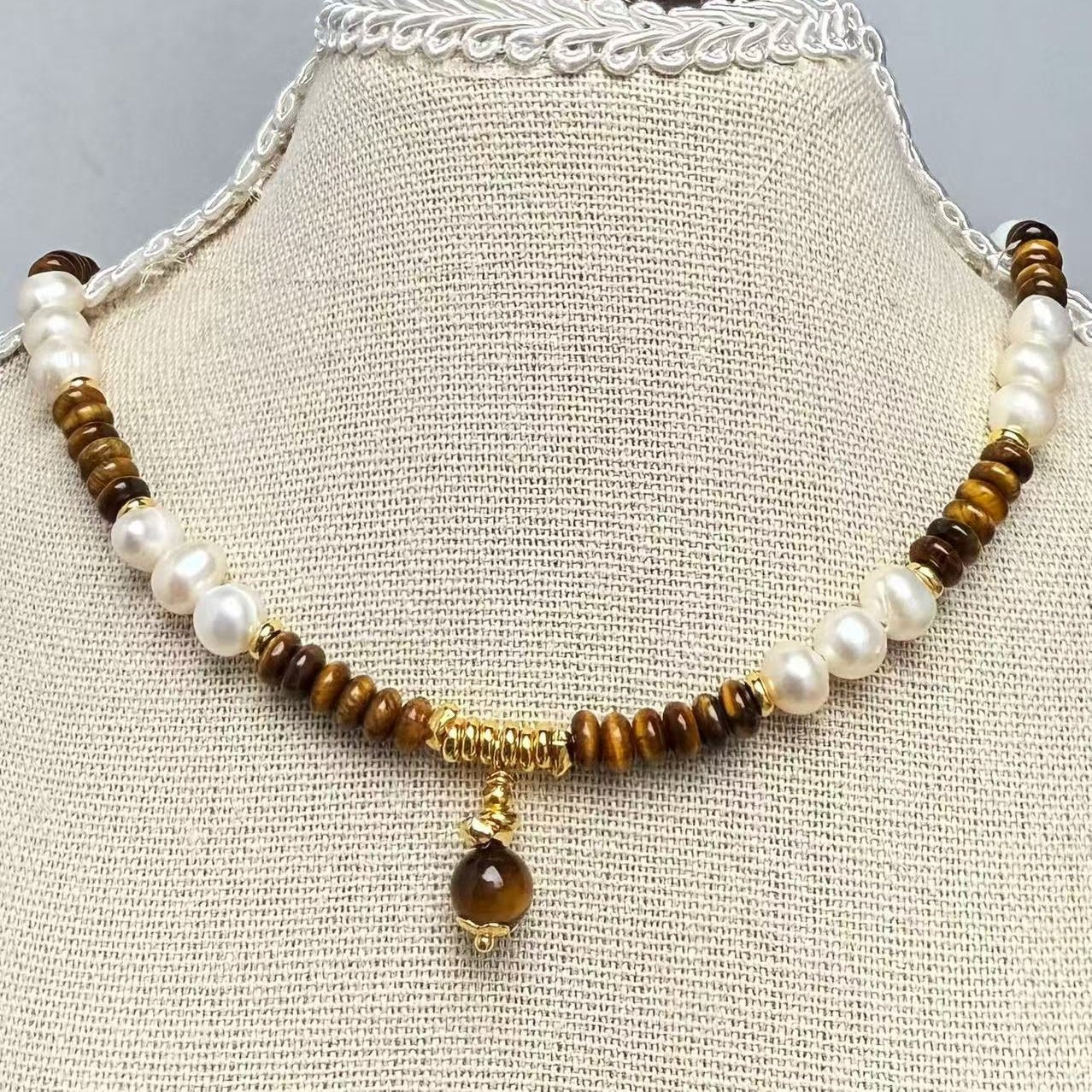 Tiger Eye Stone, Natural Pearl, and Mother-of-Pearl Necklace