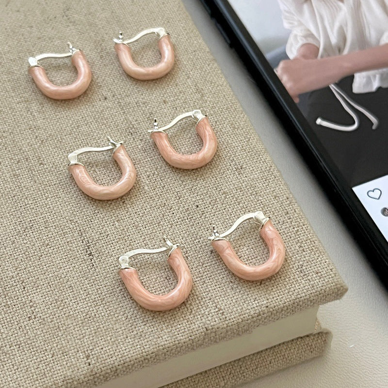 S925 Silver Pink Enamel Hoop Earrings