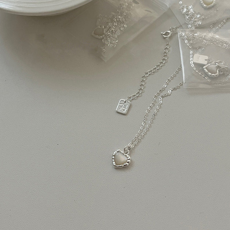 S925 Silver Heart Necklace with White Mother-of-Pearl Texture