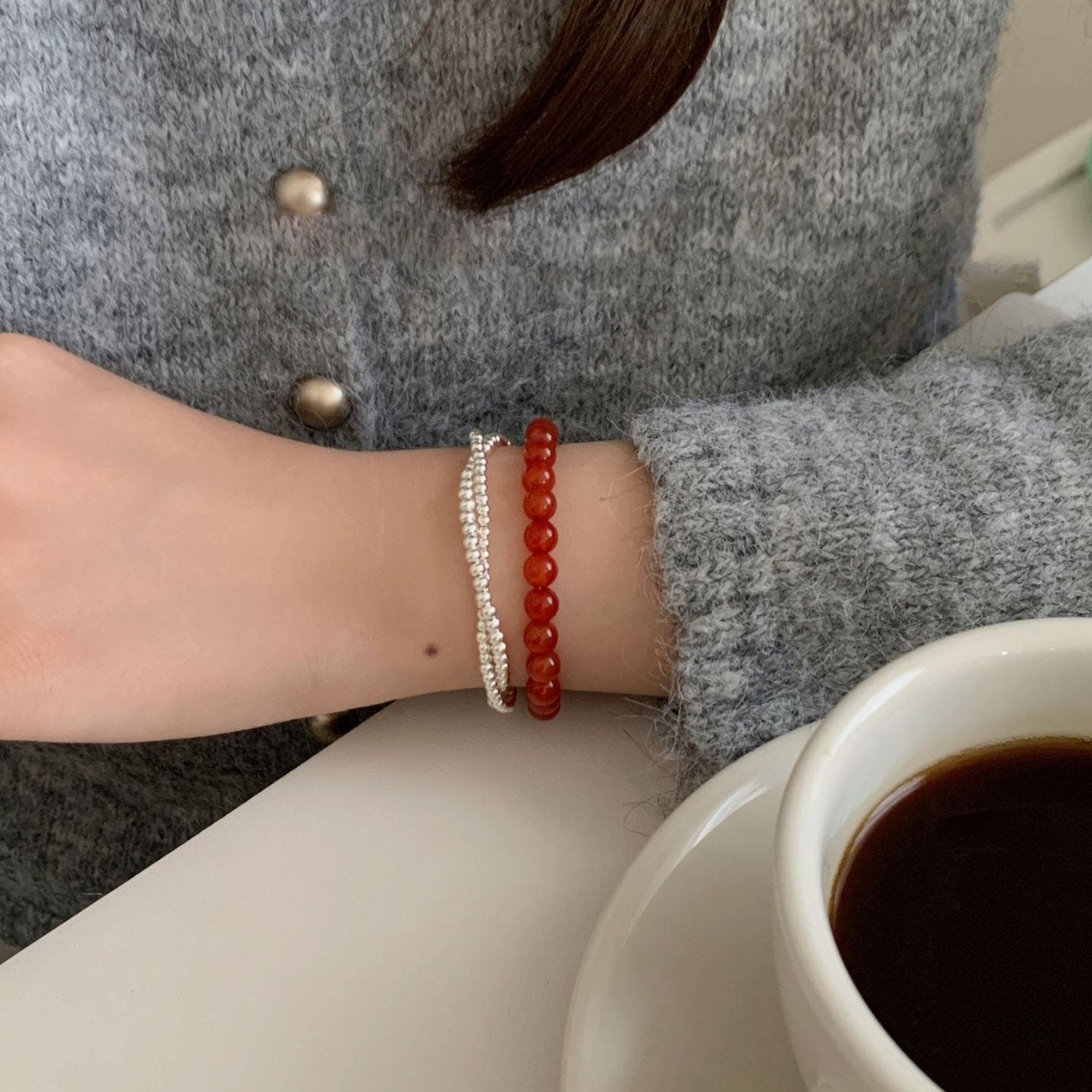 S925 Silver Red Agate Beaded Gourd Bracelet