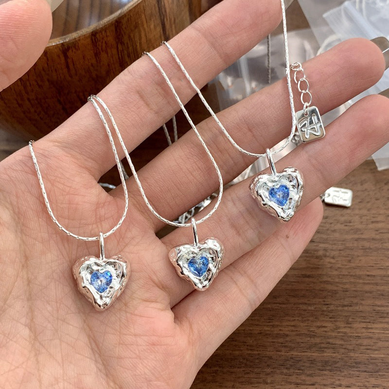 S925 Textured Heart Blue Zircon Necklace