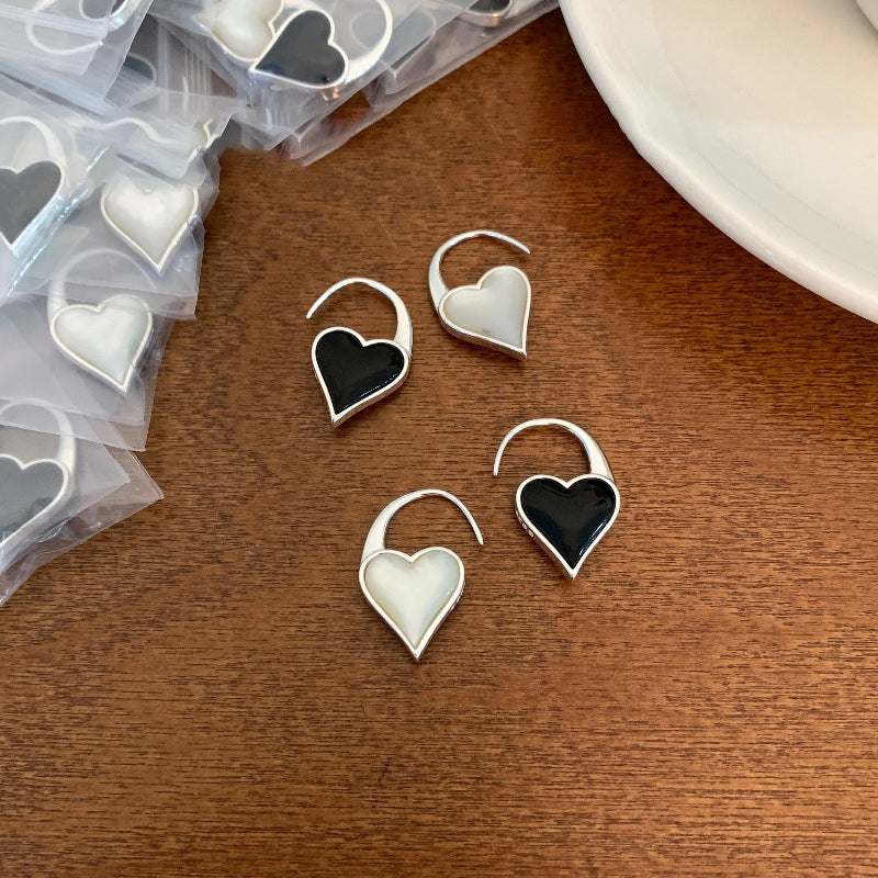 S925 Silver Dual-Tone Heart Shell & Onyx Drop Earrings