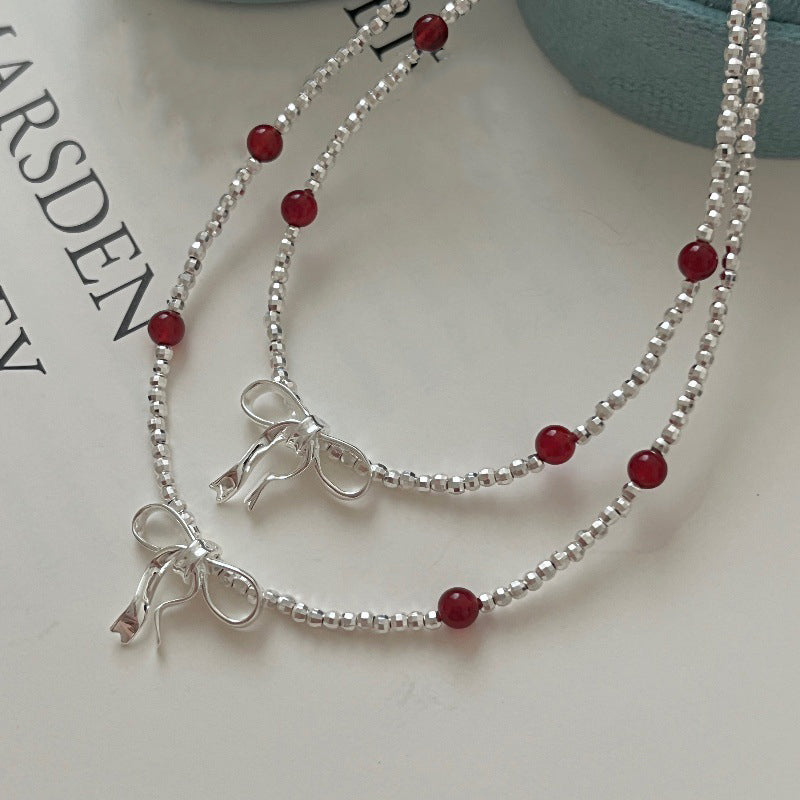 S925 Silver Bowknot Red Agate Faceted Beads Necklace