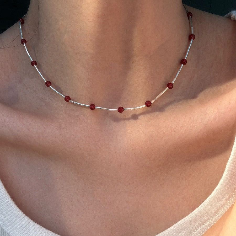 S925 Silver Red Agate and Tube Bead Necklace