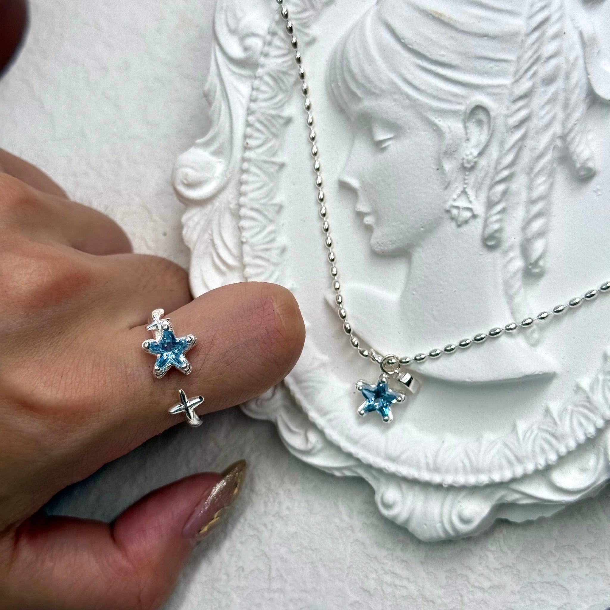Star Necklace with Aquamarine Zircon in S925 Silver