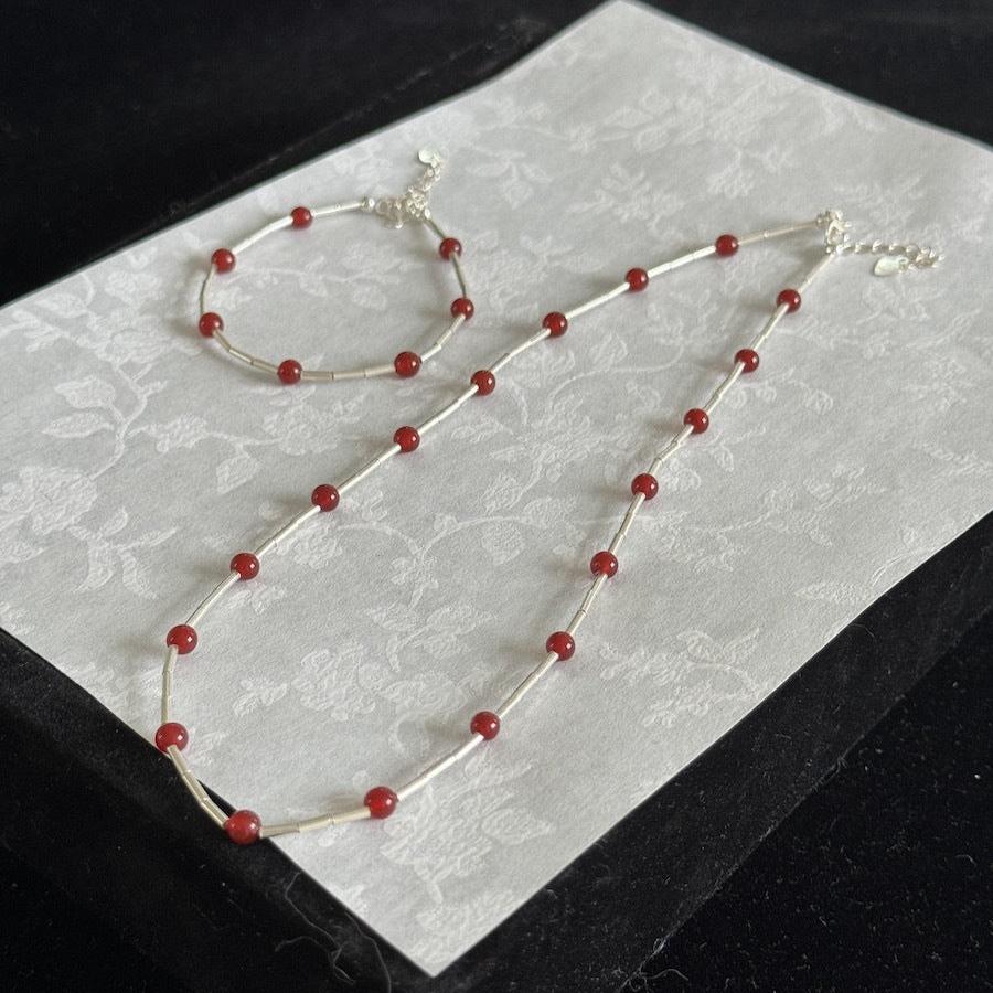 S925 Silver Red Agate and Tube Bead Bracelet