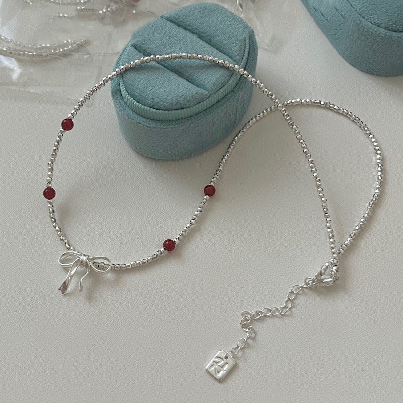 S925 Silver Bowknot Red Agate Faceted Beads Necklace