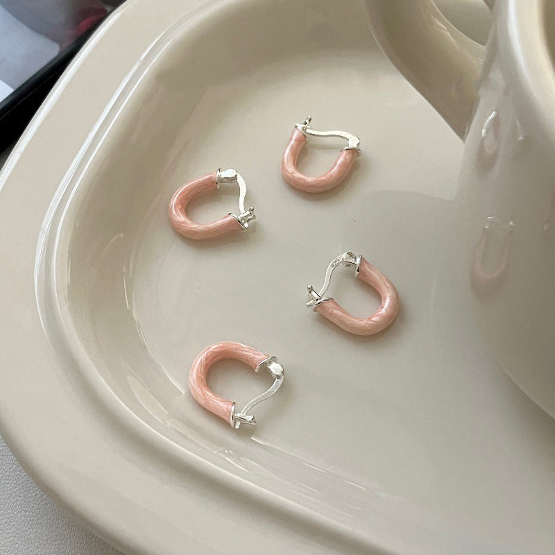 S925 Silver Pink Enamel Hoop Earrings