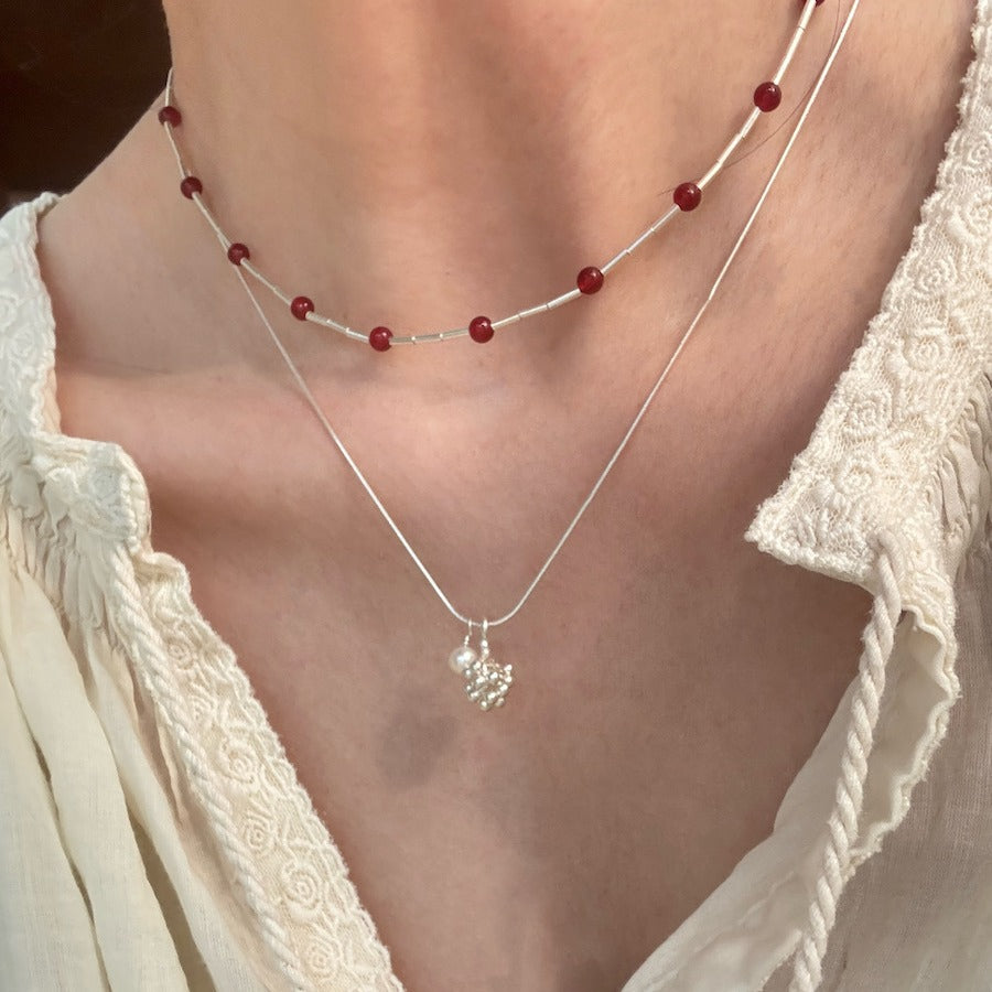 S925 Silver Red Agate and Tube Bead Necklace