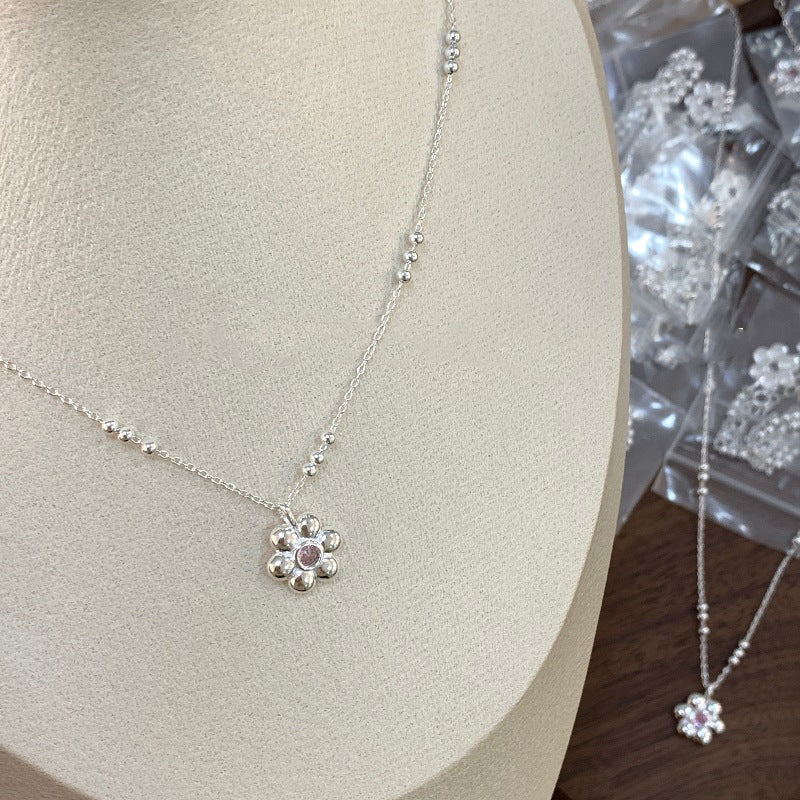 S925 Silver Sunflower with Pink Zircon Necklace