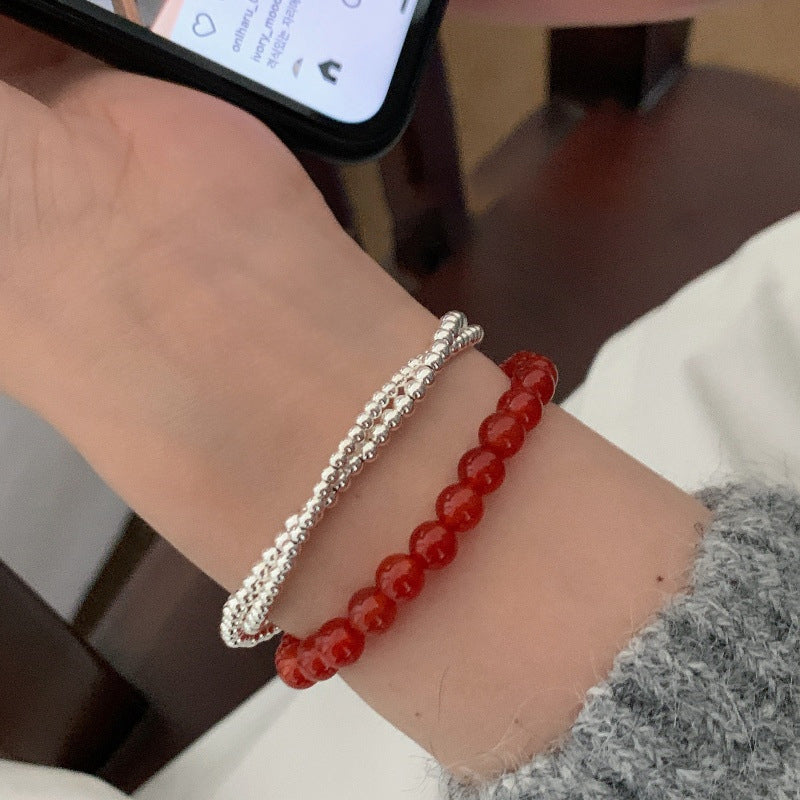 S925 Silver Red Agate Beaded Gourd Bracelet