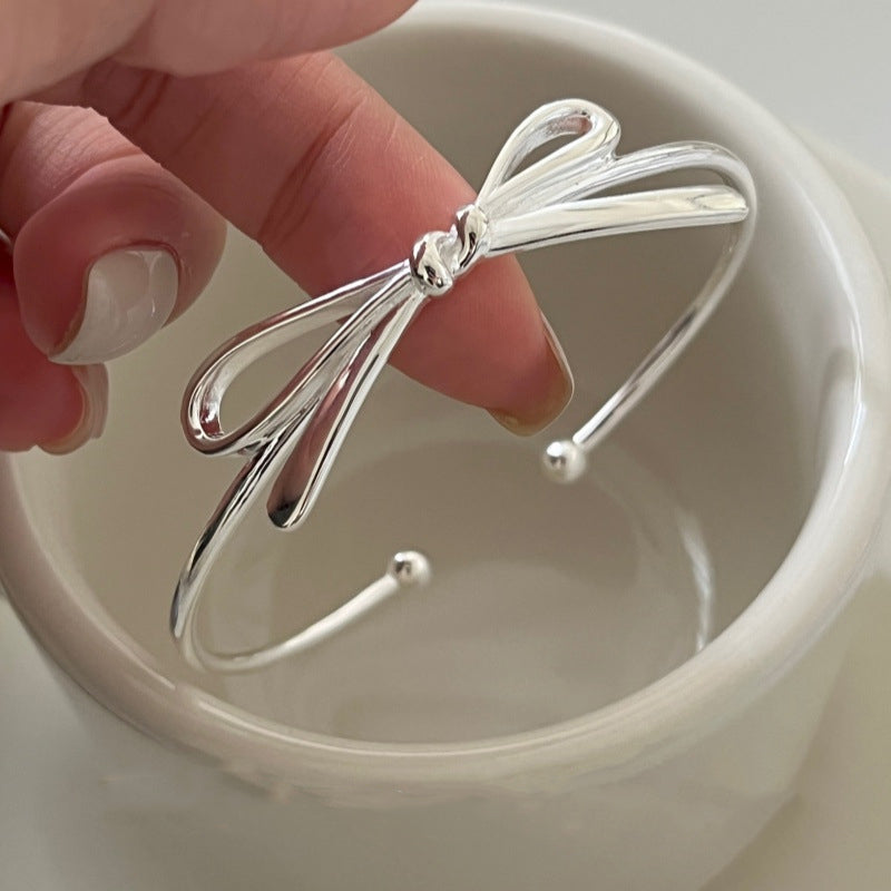 S925 Sterling Silver Minimalist Bow Cuff Bracelet