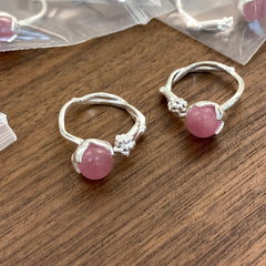 S925 Silver Branch Bud Pink Agate Candy Ring