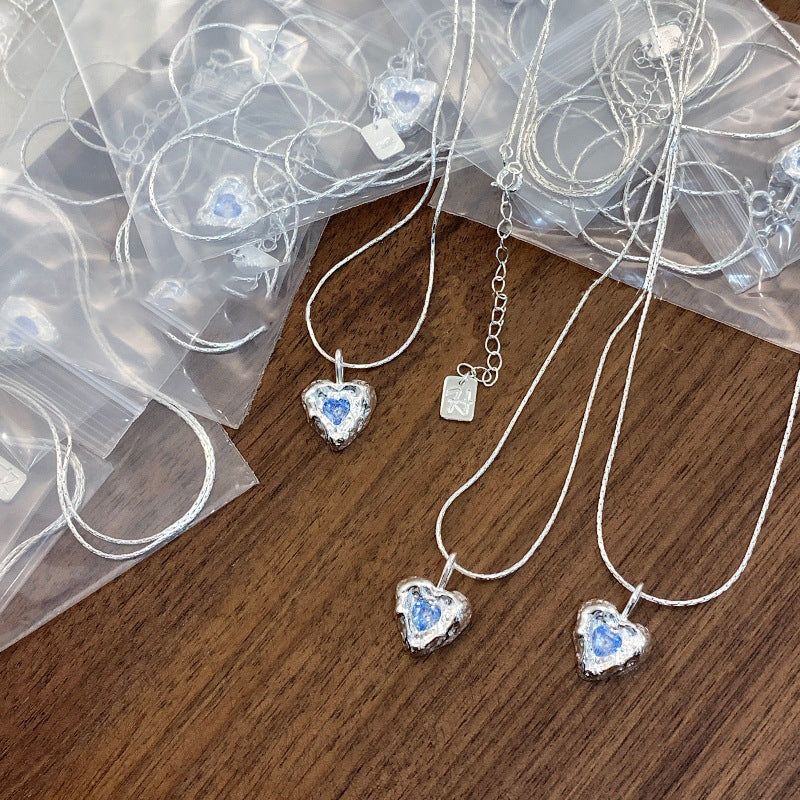 S925 Textured Heart Blue Zircon Necklace