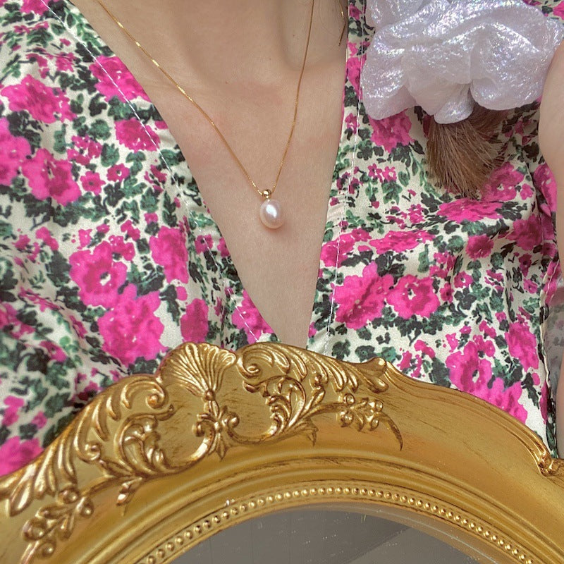 S925 Silver Necklace with High-Luster Teardrop Pearl