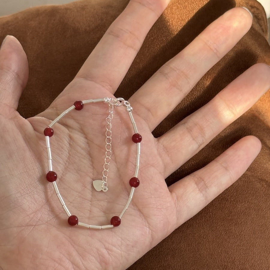 S925 Silver Red Agate and Tube Bead Bracelet