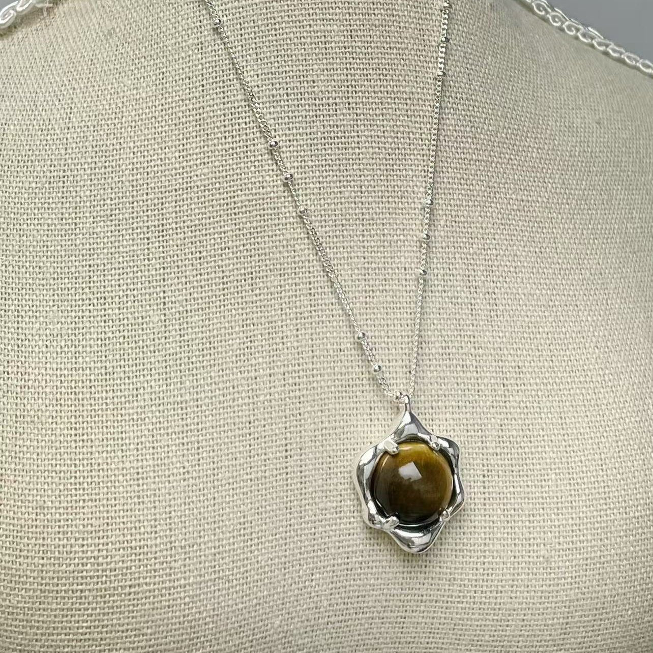 Hexagonal Silver Pendant with Tiger Eye Stone Necklace