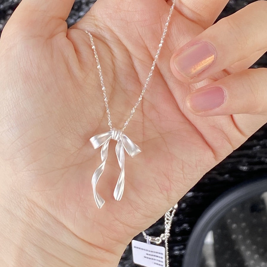 S925 Silver Solid Matte Bow Ribbon Pull Chain Necklace