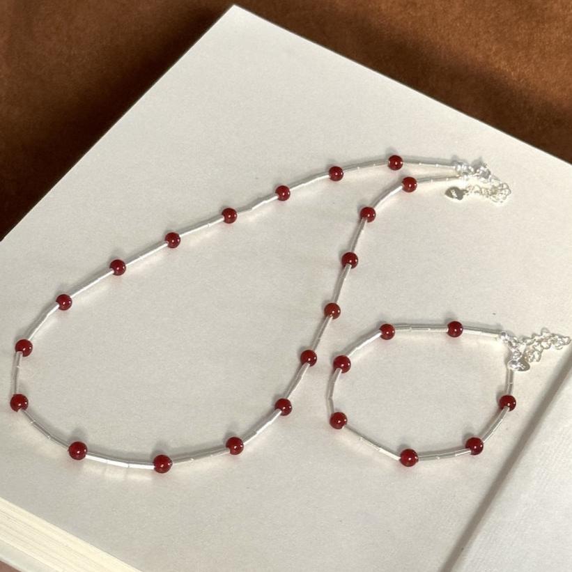 S925 Silver Red Agate and Tube Bead Necklace