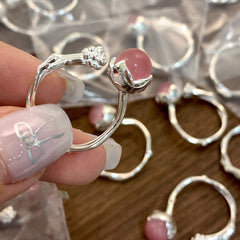 S925 Silver Branch Bud Pink Agate Candy Ring
