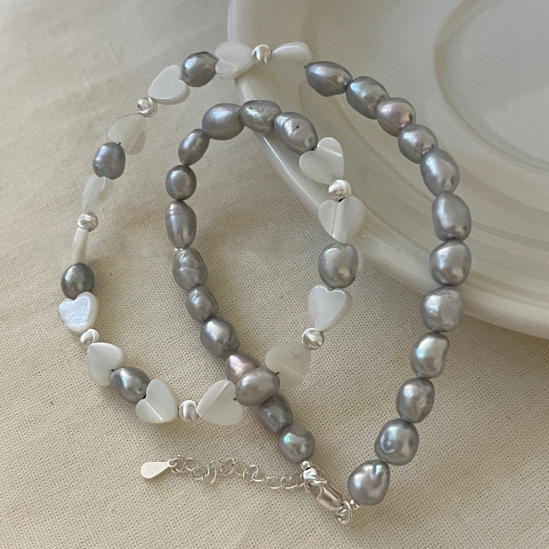 S925 Sterling Silver Natural Gray Pearl Heart Shell Necklace