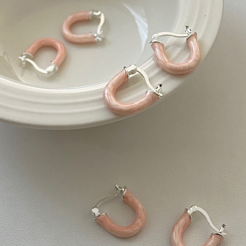 S925 Silver Pink Enamel Hoop Earrings