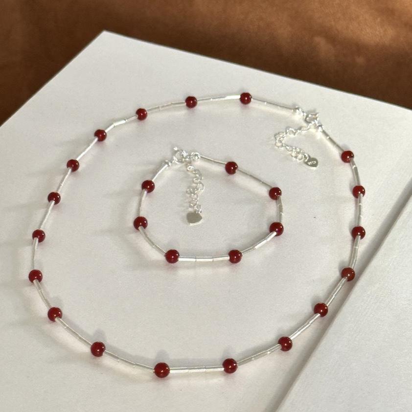 S925 Silver Red Agate and Tube Bead Bracelet