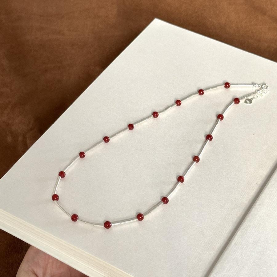 S925 Silver Red Agate and Tube Bead Necklace