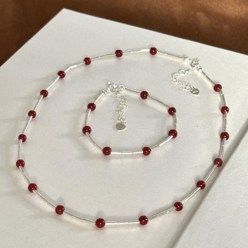 S925 Silver Red Agate and Tube Bead Necklace