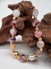 Twisted S925 Silver Bracelet with Red Floral Resin Beads & Natural Pearls
